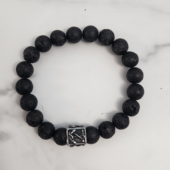 Men Lava Stone Bracelet with Anchor Black Beaded Bracelet with Silver Accent - Picture 4 of 7